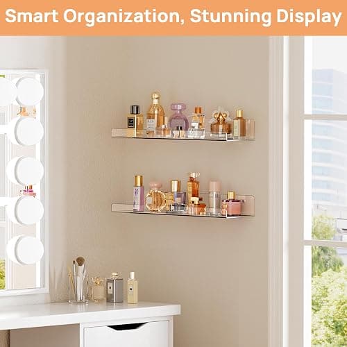 upsimples Acrylic Shelves for Bathroom Storage, 15" Floating Shelves Wall Organizer for Perfume, Make up, Skincare, Kids Bookshelf for Bedroom, Nursery, Living Room Decor, Clear, 2 Pack thumbnail 5