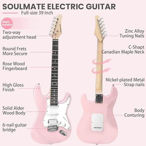 Soulmate 39 Inch Full Size Electric Guitar Starter Kit for Beginners Solid Body, HSS Pickups with 15W Amp, Gig Bag, Capo, Strap, Strings, Cable, Picks (Right-Handed,Pink) thumbnail 4