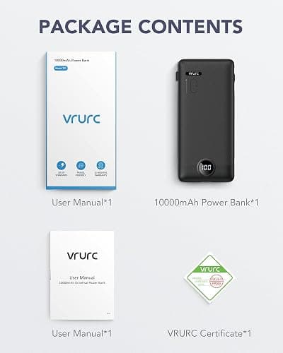 VRURC Portable Charger with Built-in Cables and AC Wall Plug, 10000mAh Power Bank USB C Phone Charger 5 Output 2 Input LED Display Ultra Slim External Battery Pack Compatible with Smart Devices-Black thumbnail 9