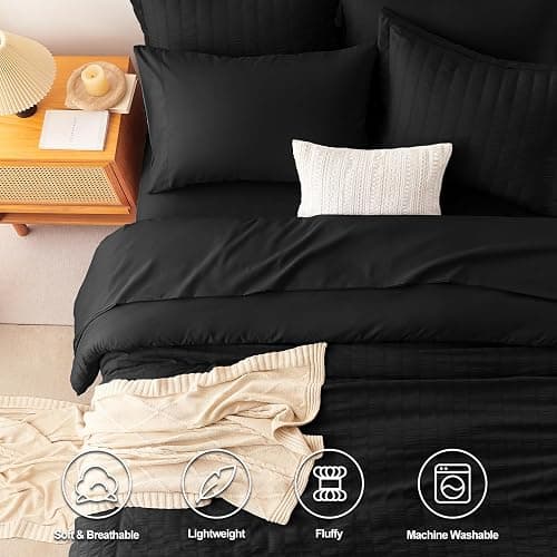 CozyLux Queen Comforter Set Black Seersucker 7 Pieces Bed in a Bag Queen Comforter Set with Sheets, Luxury Soft Bedding Set with Down Alternative Comforter, Sheets, Pillowcases & Shams for All Seasons thumbnail 2