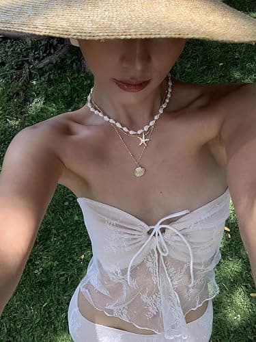 Seashell Starfish Necklace for Women Conch Shell Summer Pearl Beach 14k Gold Layered Dainty Choker thumbnail 2