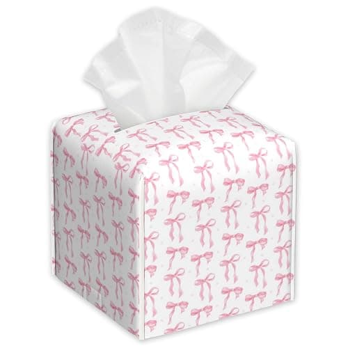 Pink Ribbon Bow Tissue Box Cover,PU Leather Tissue Box Holder Square,Modern Home Decoration for Bathroom Living Room Kitchen Office Car,5.2"×5.2"×5.2" - Image 1