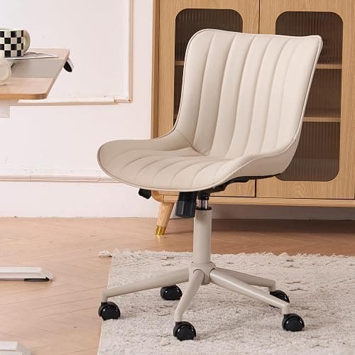 YOUNIKE Cream Home Office Desk Chair with Wheels Armless Compact Comfy Vanity Chair with Adjustable Back Modern Small Leather Upholstered Rolling Swivel Cute Computer Task Sewing Chair No Arms - Image 1