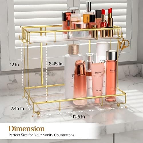 Megier Bathroom Organizer Countertop Perfume Organizer Makeup Organizer Cosmetics Storage Display Rack Vanity Tray Dresser Steel Gold Shelf Transparency Wavy Acrylic Tray (2 Tier Golden) thumbnail 3