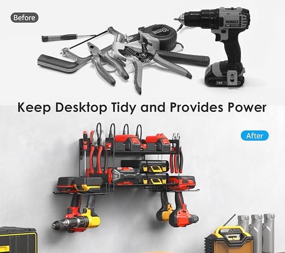 CCCEI Garage Tools Storage with Charging Station. Power Tool Battery Organizer Utility Shelf with Power Strip. 4 Drills Holder Wall Mount Rack, Black. thumbnail 7