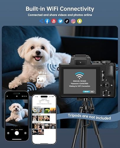8K Digital Cameras for Photography - Autofocus 88MP WiFi Profession Camera with Dual-Lens - 16X Digital Zoom Photography Camera for YouTube with Lens Hood, Touch Screen, 2 Batteries & Charging Stand thumbnail 5