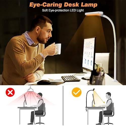 Airlonv LED Desk Lamp for Office Home, Eye-Caring Desk Light with Stepless Dimming Adjustable Flexible Gooseneck, 10W USB Adapter Desk Lamp with Clamp for Reading, Study, Workbench (White) thumbnail 6