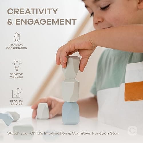 Comfy Cubs Stacking Rocks 36 Pieces, 36 Months+, Educational Toddler Stacking Blocks, Promotes Imagination, Balance & Fine Motor Skills - Wooden Rocks Sensory Toys Gift for Kid, Boy Pack thumbnail 4