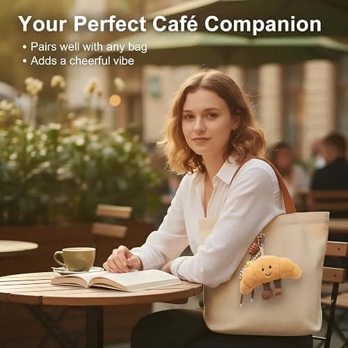 XIXIAOYAN Croissant Plush Keychain - Cute Smiling Face Plushie Charm, Soft Fluffy Stuffed Charm for Purse, Handbag, Backpack & Car Keys - Adorable Bag Charms for Women (Pom Pom Keychain Gift) thumbnail 4