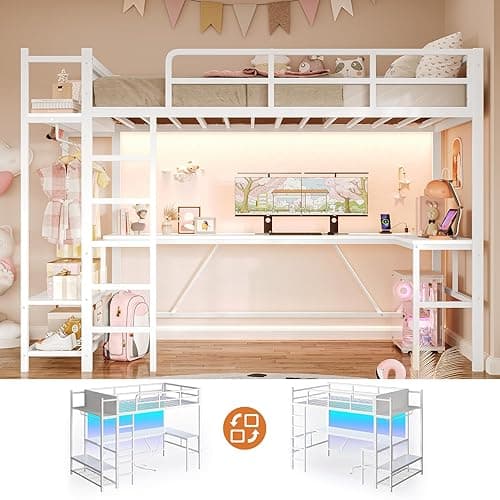 Itaar Twin Loft Bed with L-Shaped Desk, LED Lights and Charging Sation, Loft Bed Twin Size with 3-Tier Storage Shelves and Clothes Rail, Safety Guard & Ladder, No Box Spring Needed, White - White thumbnail 9