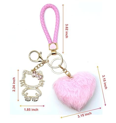 Bling Keychain for Women，Kawaii Heart Pom Pom Keychain， Versatile Accessory for Backpacks, Handbags, and Car Keys thumbnail 8