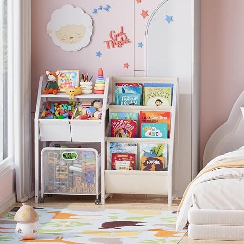 LATIBELL Kids Bookshelf Toy Storage Organizer & 2 Bins，3 Tier White | Kids Bookcase Equipped With Movable Drawer And 2 Toy Bins, Storage Organizer For Bedroom, Playroom And Classroom thumbnail 8