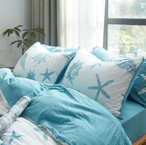 DONEUS Jersey Knit Duvet Cover Set 100% T-Shirt Cotton Super Soft Breathable Comfy Seashells Pattern Bedding Set 3 Piece with Zipper Closure, White Blue King 104x90 Inches thumbnail 3
