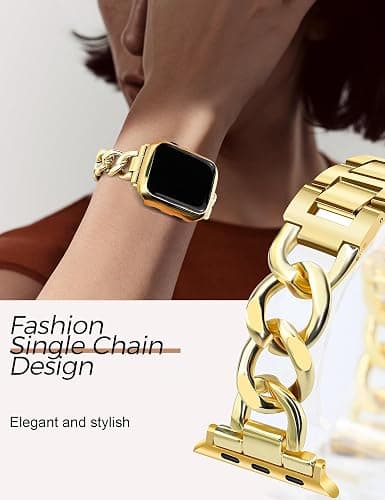 JR.DM Gold Watch Bands for Women Compatible with Apple Watch Band 46mm 42mm(S3/2/1) 44mm 45mm 49mm Adjustable Metal Single Chain Bracelet for iWatch Series 10/9/8/7/6/5/4/3/2/1/SE/Ultra (No Case) thumbnail 3