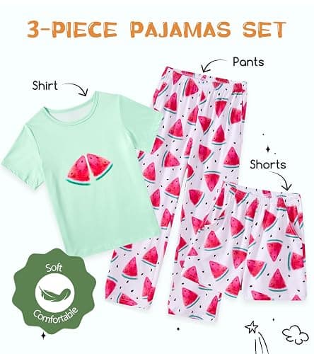 uideazone Girls Pajamas 3 Piece Set Cute Sleepwear Short Sleeve Shirt Pants Shorts Pjs Set 7-14 Years thumbnail 5