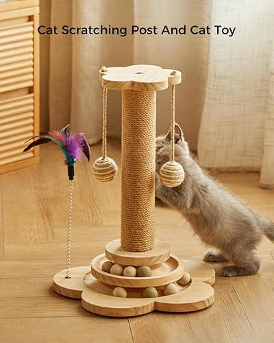 KHALOR Cat Scratching Post for Kittens, 4 in 1 Wooden Cat Scratcher Toy, 17.7" Tall Scratch Post with 2 Level Cat Track Balls, Interactive Feather Toy and 2 Sisal Hanging Balls for Indoor Kittens thumbnail 7