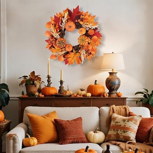 20 Inch Fall Wreaths Decorations Maples Autumn Wreath with Hanger | Leaf Pumpkin Pine Cone Berry For Thanksgiving Harvest Farmhouse Outdoor Indoor Window Wall thumbnail 8