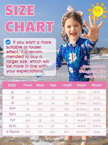 Angel season Girls Long Sleeve Swimsuits One Piece Rash Guard Bathing Suit UPF50+ Toddler Kids Zipper Swimwear Size 2-10 - Blue Floral - 2-3T thumbnail 6