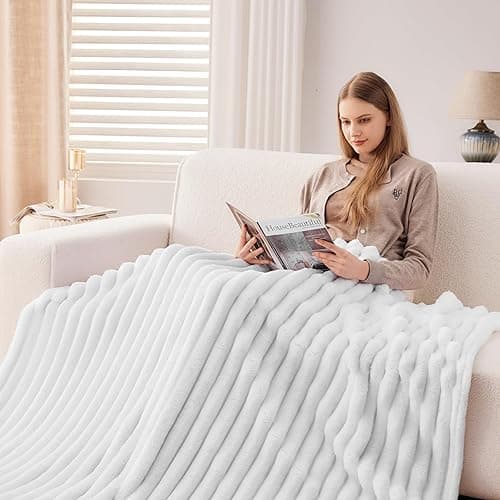 NEWCOSPLAY Super Soft Twin Blanket White Premium Silky Flannel Fleece 3D Ribbed Jacquard Lightweight Bed Blanket All Season Use (White Ribbed, Twin(60"x80")) - White Ribbed - Twin(60"x80") thumbnail 4