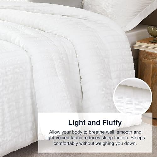 Quataly White Queen Comforter Set - 3 Pieces Seersucker Lightweight Bedding Comforter Sets (1 Soft Fluffy Comforter & 2 Pillowcases) - All Seasons Cozy Modern Bed Sets thumbnail 5
