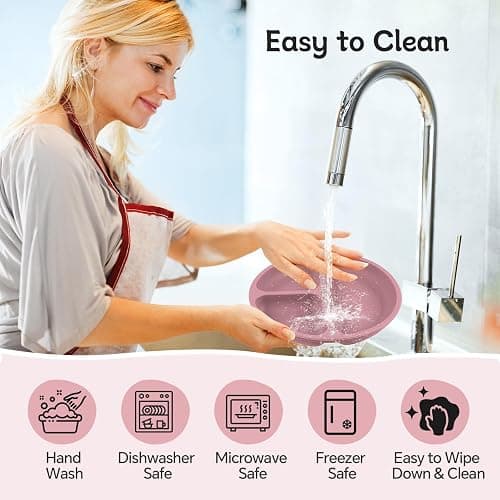SHGMEET Silikon Baby Geschirrset, Baby-Fütterungsutensilien, Baby-Saugnapf, Teller, Lätzchen, Löffel-Set, Baby-geführtes Entwöhnungszubehör, Spülmaschinenfest (Rosa) - Rosa thumbnail 7