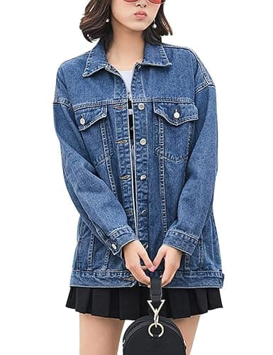 Omoone Women's Oversized Mid Long Denim Jacket Jean Biker Coat thumbnail 2