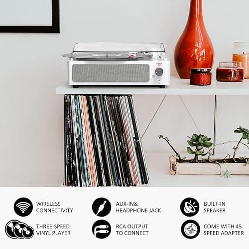 Vinyl Record Player with Speakers Vintage Turntable for Vinyls Records, Belt-Driven Turntable Support 3-Speed, Wireless Playback, Headphone, AUX-in, RCA Line LP Vinyl Players for Sound Enjoyment White thumbnail 5
