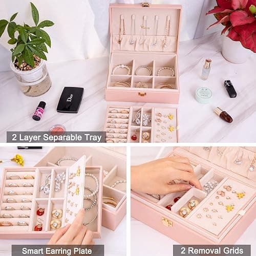 Voova Jewellery Box Organiser for Women Girls, 2 Layers Large Jewelry Storage Case, PU Leather jewlerrying Display Holder with Removable Tray for Necklace Earrings Rings Bracelets, Gifts, Pink thumbnail 5