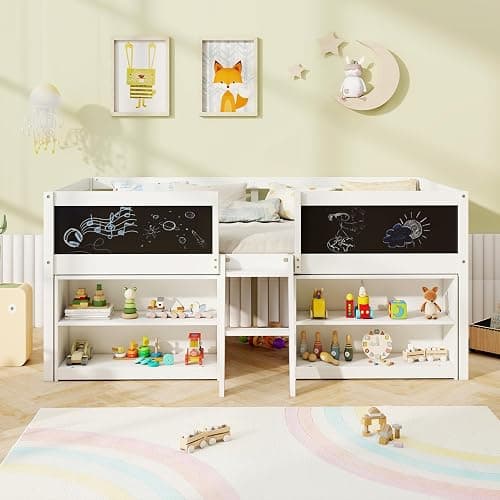 KOMFOTT Twin Size Low Loft Bed, Kids Loft Bed Frame with Movable Storage Shelves, Chalkboard & Ladder, Solid Wood Twin Bed with Under-Bed Play Area for Kids, Boys & Girls, No Box Spring Needed, White thumbnail 4
