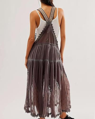 ebossy Women's Laced Embroidered Tulle Bib Dress Casual Loose Adjustable Straps Maxi Dress thumbnail 2