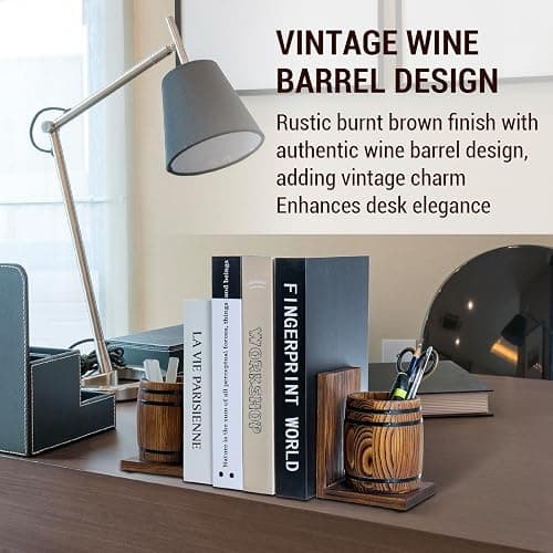MyGift Wood Decorative Bookends with Pencil Holder, Office Desk Books Ends and Pen Holders as Vintage Wooden Barrels, Heavy Duty Bookends for Shelves, Rustic Burnt Brown Wine Barrel Design,1 Pair thumbnail 3