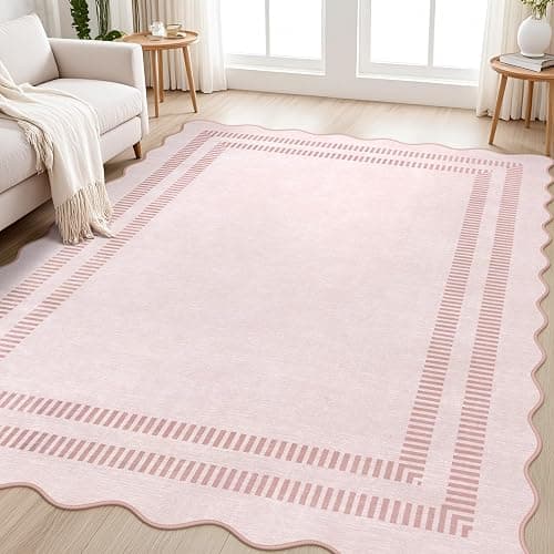 LORWER Pink Rugs for Bedroom Girls, 5x7 Washable Non Slip Area Rugs for Living Room, Soft Vintage Ultra-Thin Scalloped Carpet for Nursery Dorm Home Decor - Image 1