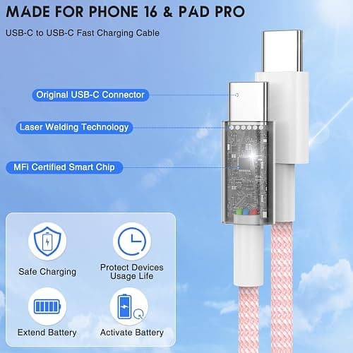 USB C to C Fast Charger Cable 10ft, Long Type C to USB C Charging Cord Wire for Apple iPhone 17 Pro Max/17 Air/16 Pro/15 Plus,MacBook Pro 2021/2020/2019/2018,iPad 12.9/11 inch/Mini/Air,Samsung Galaxy thumbnail 4