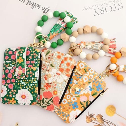 Women's Boho Beaded Wallet with Flower Pattern, Women Boho Style Beaded & Tassel Decorated Keychain, Credit Card Holder Purse (Rose red) thumbnail 7