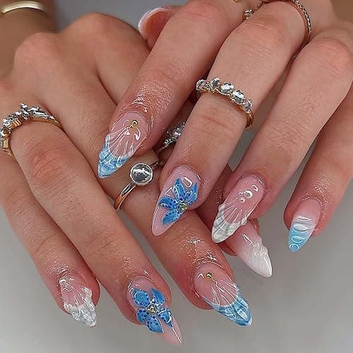 QQPPOLIU Blue Press on Nails Medium Almond Stick on Nails Pink with 3d French Tips Design for Women and Girls 24pcs - Image 1