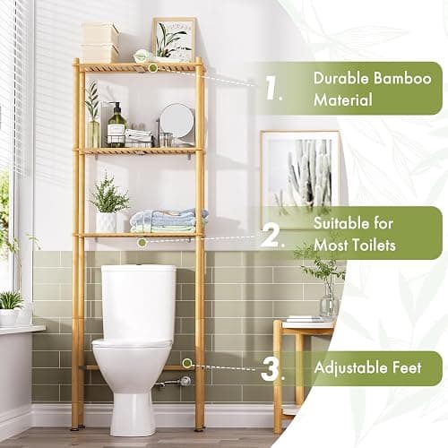 AmazerBath Over The Toilet Storage Bamboo, Bathroom Over Toilet Organizer Rack, 3-Tier Freestanding Above Toilet Shelf for Bathroom, Laundry, Space Saver, Natural Color thumbnail 4