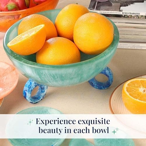 Folkulture Fruit Bowl for Kitchen Counter, 9" Resin Decorative Bowl, Centerpiece Table Decorations, Fruit Basket for Coffee Table Décor, Kitchen Counter Décor, Pedestal Bowl - 9" X 5" - Aqua Teal thumbnail 8