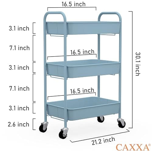 CAXXA 3-Tier Rolling Metal Storage Organizer - Mobile Utility Cart with Caster Wheels, Blue thumbnail 3