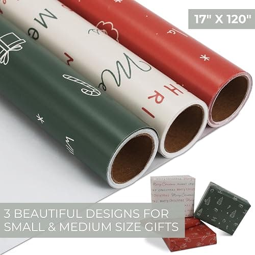Beautiful Christmas Gift Wrapping Paper Rolls For Small & Medium Size Gifts - Set of 3 Quality Paper Rolls With Cute Designs - Add a Touch of Magic to Every Gift You Wrap - 17 in x 120 in Per Roll thumbnail 7