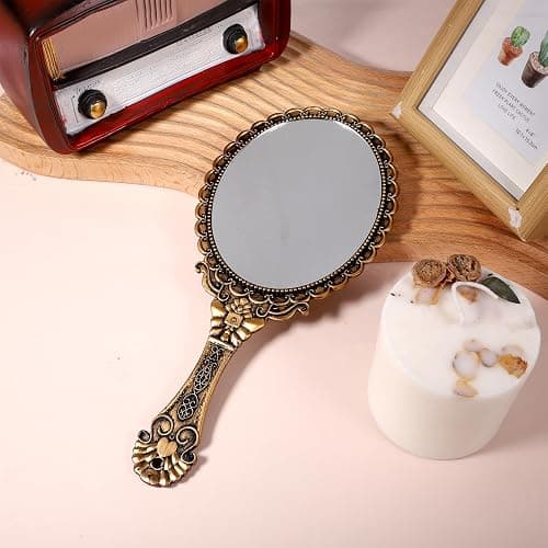 Vintage-Handspiegel Mit Griff, Eleganter Schminkspiegel, Tragbarer Reise-Handspiegel Aus Kunststoff Für Damen, Ideal Für Make-Up Auf Reisen, Partys Und Als Schreibtischaccessoire, Bronze thumbnail 2
