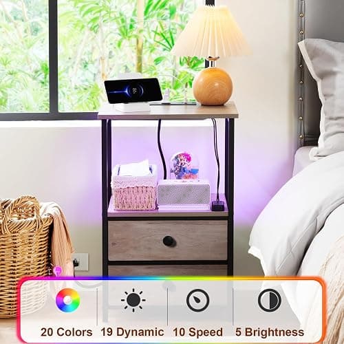 LOAKEKEL Night Stand Set 2, LED Nightstand with Charging Station, End Tables with Storage Shelf, Bedside Table with 2 Fabric Drawers for Bedroom, Small Spaces, Grey HETS02PGY thumbnail 5