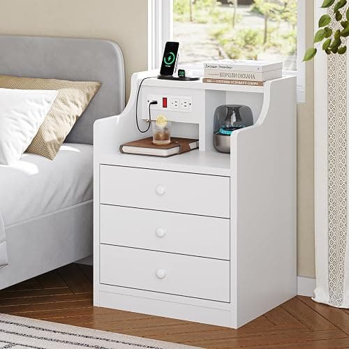 ADORNEVE Nightstand with Charging Station,White Night Stand with Hutch,Bedside Table with Drawers,Bed Side Table with Storage thumbnail 2