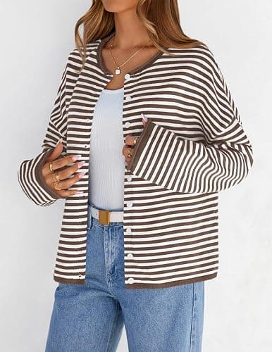 MEROKEETY Womens Striped Cardigan Sweaters 2026 Button Lightweight Long Sleeve Loose Knit Fall Sweater Clothes thumbnail 2