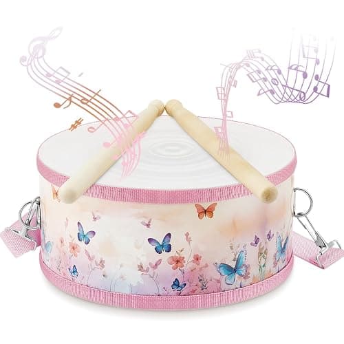 Boao 1 PC Kids Drum Set, 8 Inch Toddler Drum Wooden Toy with Adjustable Strap and 2 Drumsticks, Educational Sensory Musical Instrument for Toddlers Kid Baby Boys Girls Gift(Butterfly) - Image 1