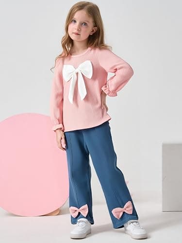 Axumity Kid Girl 2pcs Clothes Spring Summer Outfits Cute Sweet Bowknot Long Sleeve Bowknot Top + Denim Pants Set thumbnail 2
