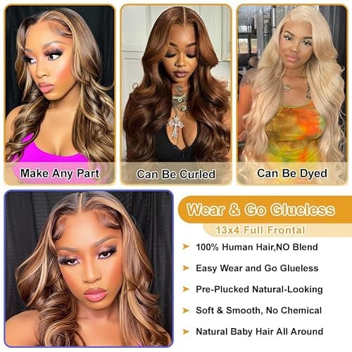 A FUTURE TONGMEI 4/27 Highlight HD Lace Front Wigs Human Hair Pre Plucked 13x4 Body Wave Frontal Wig with Baby Hair 180% Density Ombre Brown and Honey Blonde Human Hair Wigs for Black Women 22 Inch thumbnail 6