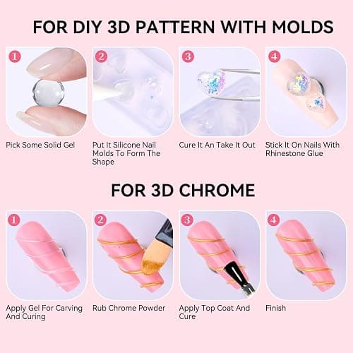 Makartt 3D Gel Nail Art: Solid Gel Builder for Nails Starter Kit, 30ml Clear for Extension 3D Sculpting Carving DIY Manicure, Molding Hard Gels with Gold & Silver Chrome Powder Silicone Molds & Brush thumbnail 7