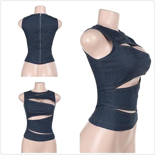 MINGSEECESS Women Sexy Irregular Hollow Out Cutting Denim Crop Tank Top Sleeveless Back Zipper Vest Clubwear thumbnail 4