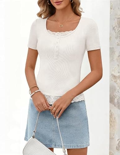 MEROKEETY Women's Summer Lace Trim Tops Cute Short Sleeve Ribbed Scoop Neck Button Y2K Teen Shirts Going Out Clothing thumbnail 7
