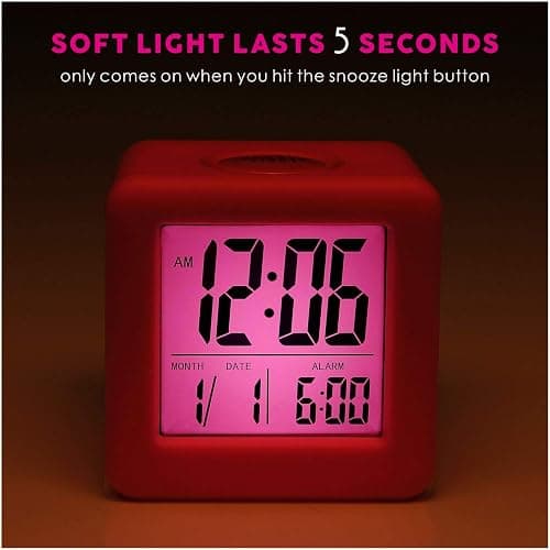 Plumeet Digital Kids Alarm Clock with Snooze and Nightlight - Easy Setting Silicone Clock Display Time, Date - Loud for Bedroom - Battery Powered (Pink) thumbnail 3